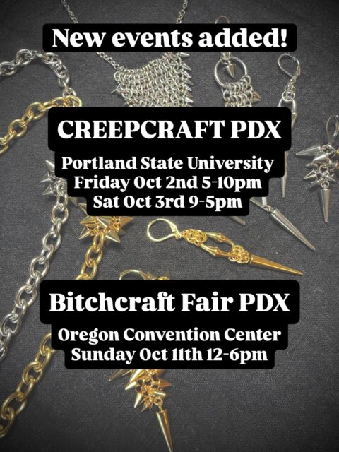 New events added! Two opportunities to shop with us this October if you’re around Portland, OR. Sneak peek of some of the new designs (and expanded gold plated collection) in the background. Both events are indoors and brand new for 2026, so come support your local makers! @geekcraftexpo @bitchcraftfair 
.
.
.
#handcraftedjewelry #pdxsmallbusiness #chainmaillejewelry #pnwartist